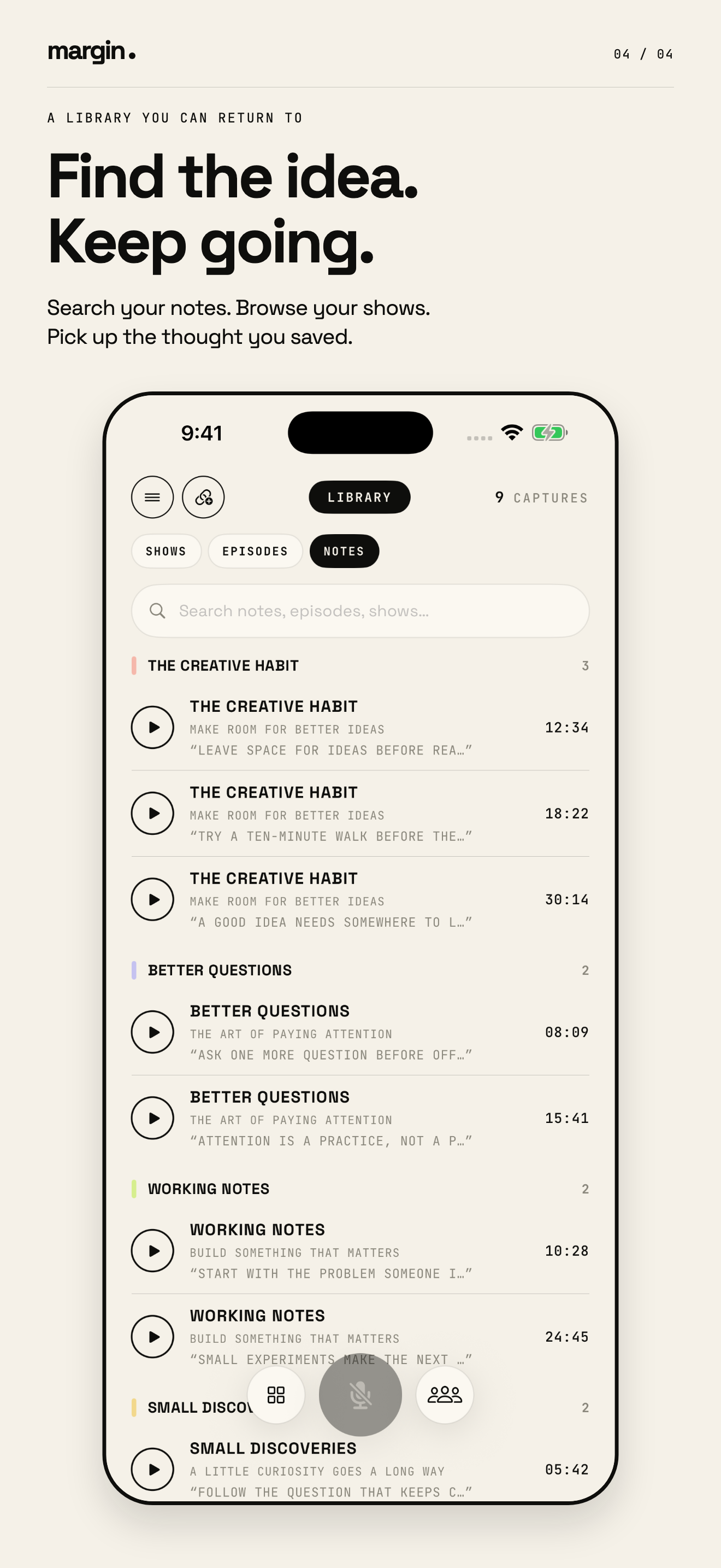 Searchable notes grouped by podcast in Margin